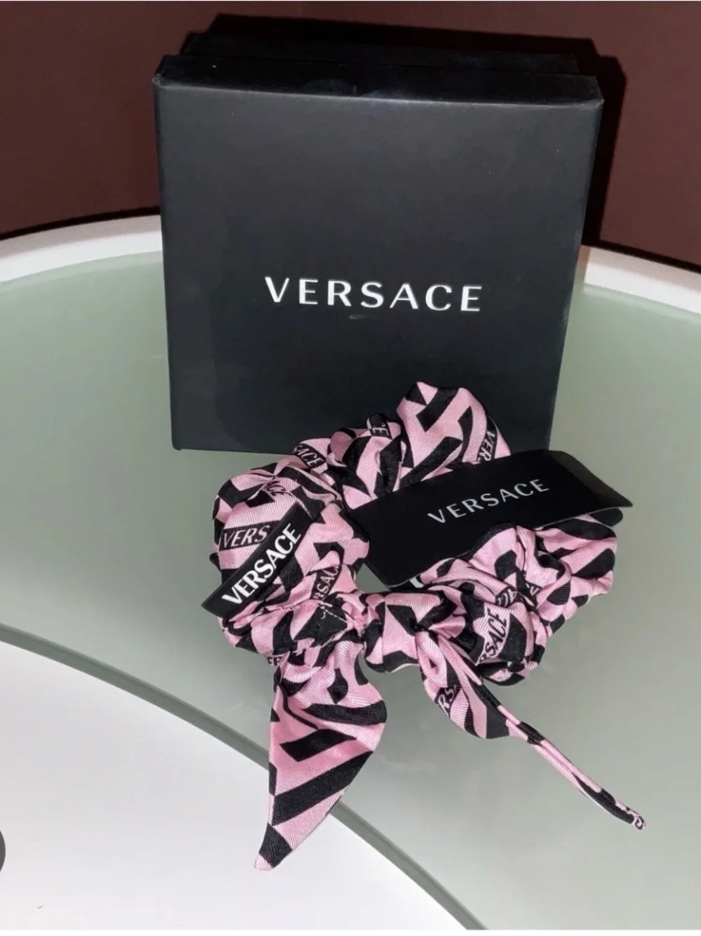 Versace Pink & Black Logo Bow Scrunchie with Tag
